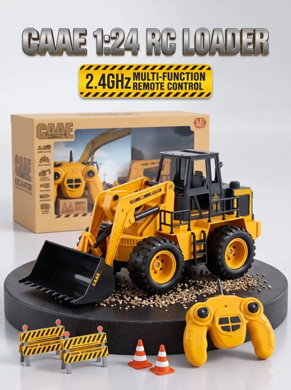 CAAE 1:24 RC Wheel Loader Excavator Toy with 2.4GHz Remote Control, Sound Effects, Music & Auto-Demo, Rechargeable Heavy Construction JCB Truck for Kids Ages 4+