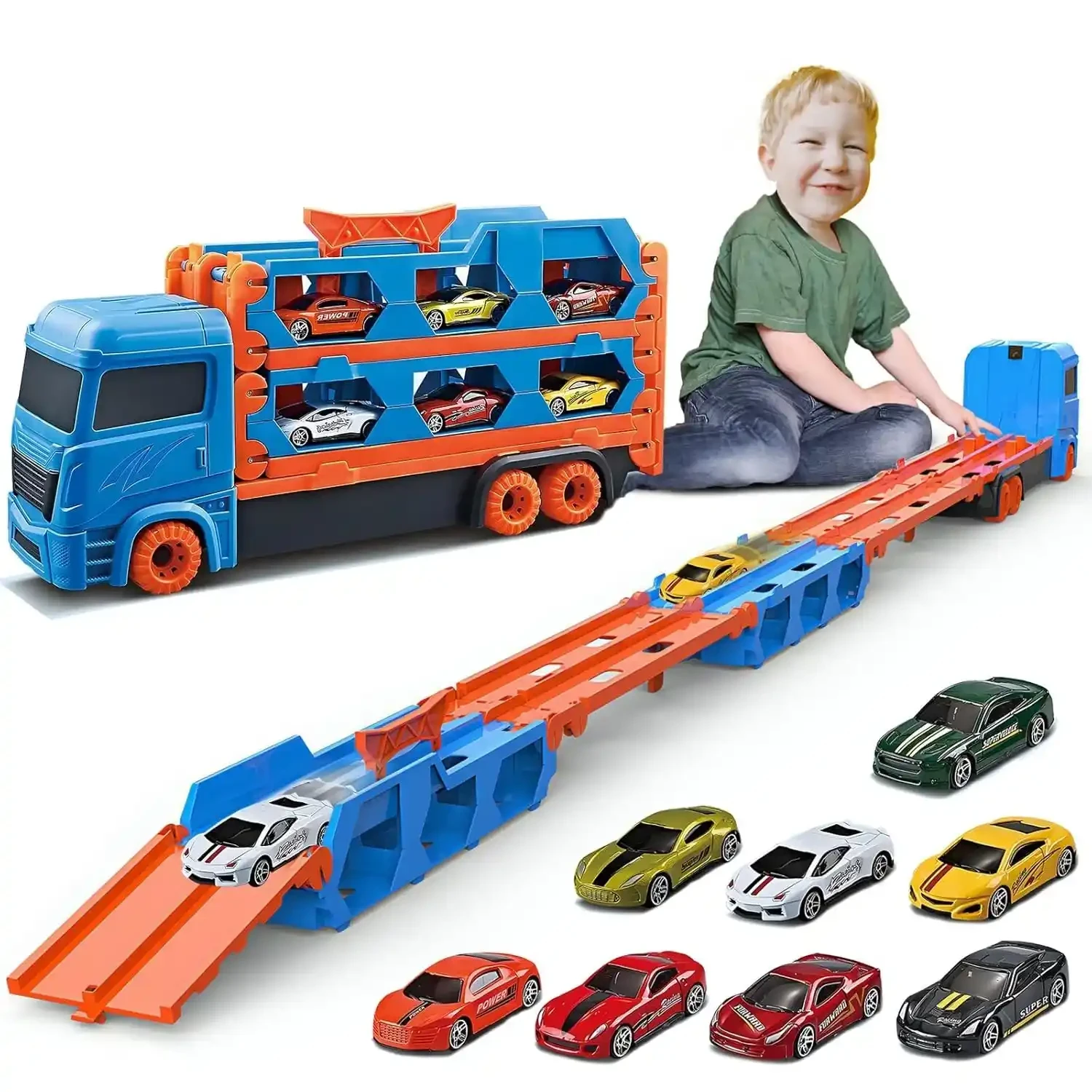 Big 264-Inch Foldable Race Track With 9-IN-1 Die-Cast Cars Carrier, LED Light & Music – Multicolor, Ages 3+