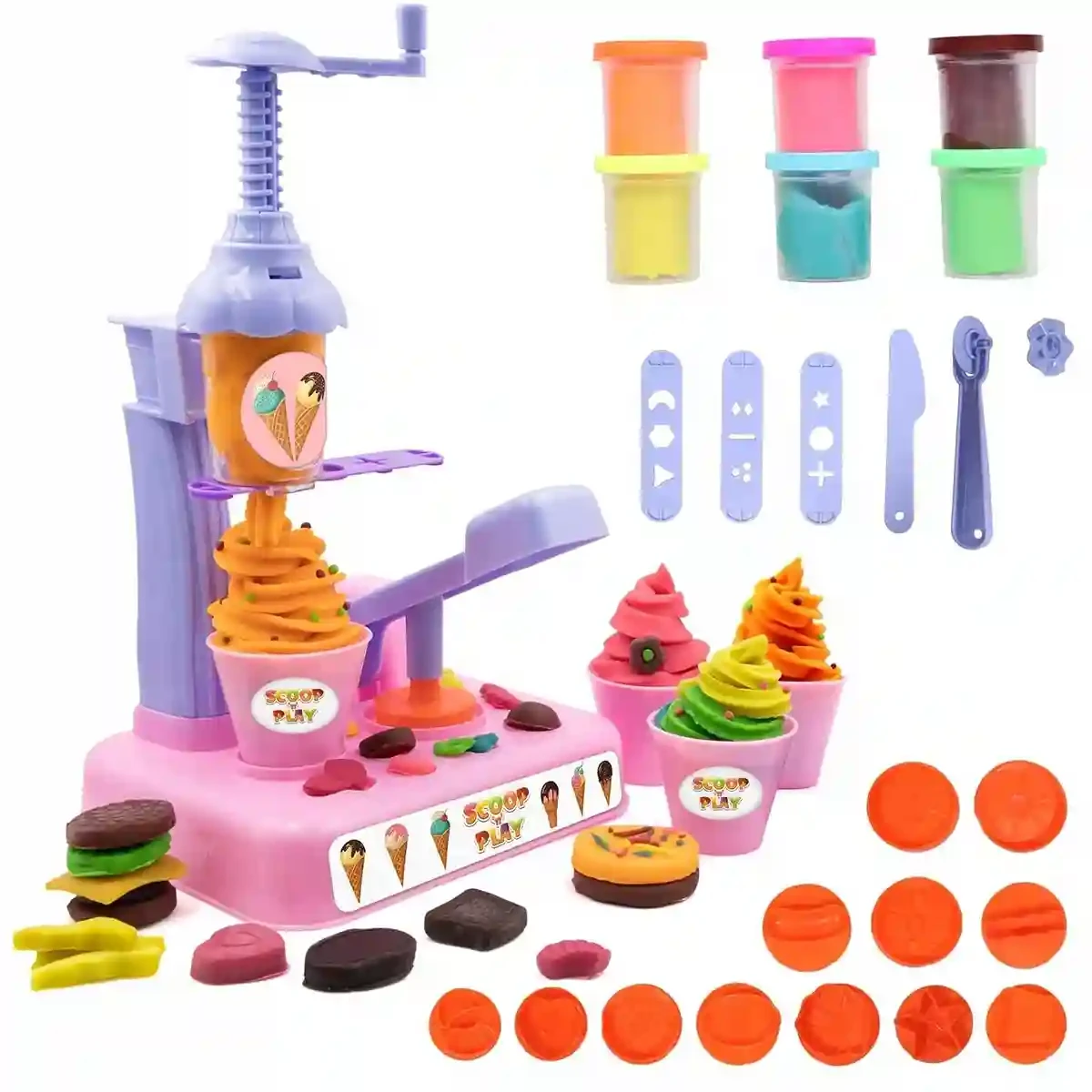 Scoop ‘n Play Ice Cream Maker Set – 36 Pcs Play Dough Kitchen Station with 6 Non-Toxic Colors, 9 Soft-Serve Shapes, Lever Stamper, Dessert Cups & Tools for Kids Ages 3+