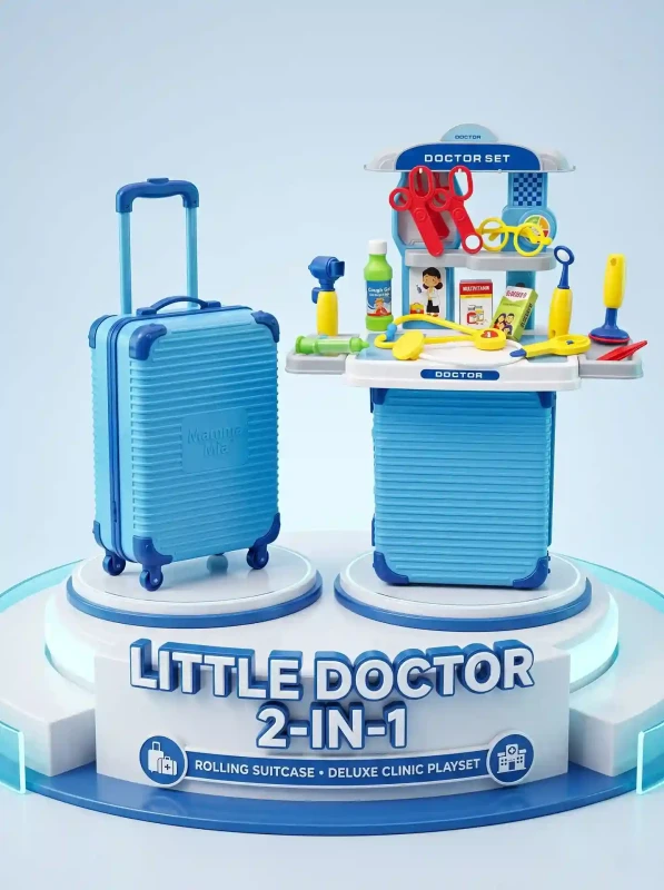 Mamma Mia 2-in-1 Kids Doctor Suitcase Set – Portable Rolling Trolley Toy Clinic with Stethoscope, Syringe, Medical Tools & Storage Luggage for Boys & Girls 3+ Years (Blue)