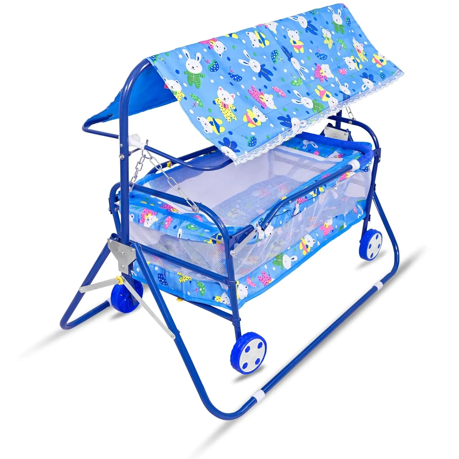 Baby Cradle with Swing, Mosquito Net, Four Wheels – Modern Foldable Jhula/Palna for Boys & Girls – KinderToy-pouch-hood by KinderToys