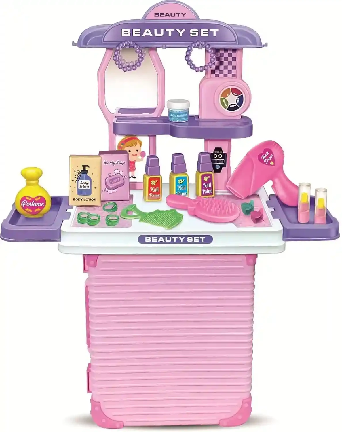 Mamma Mia 2-in-1 Kids Beauty Vanity Suitcase Set (32 Pcs) – Portable Rolling Trolley Toy with Mirror, Hair Dryer, Pretend Makeup & Jewelry for Girls 3+ Years (Pink)