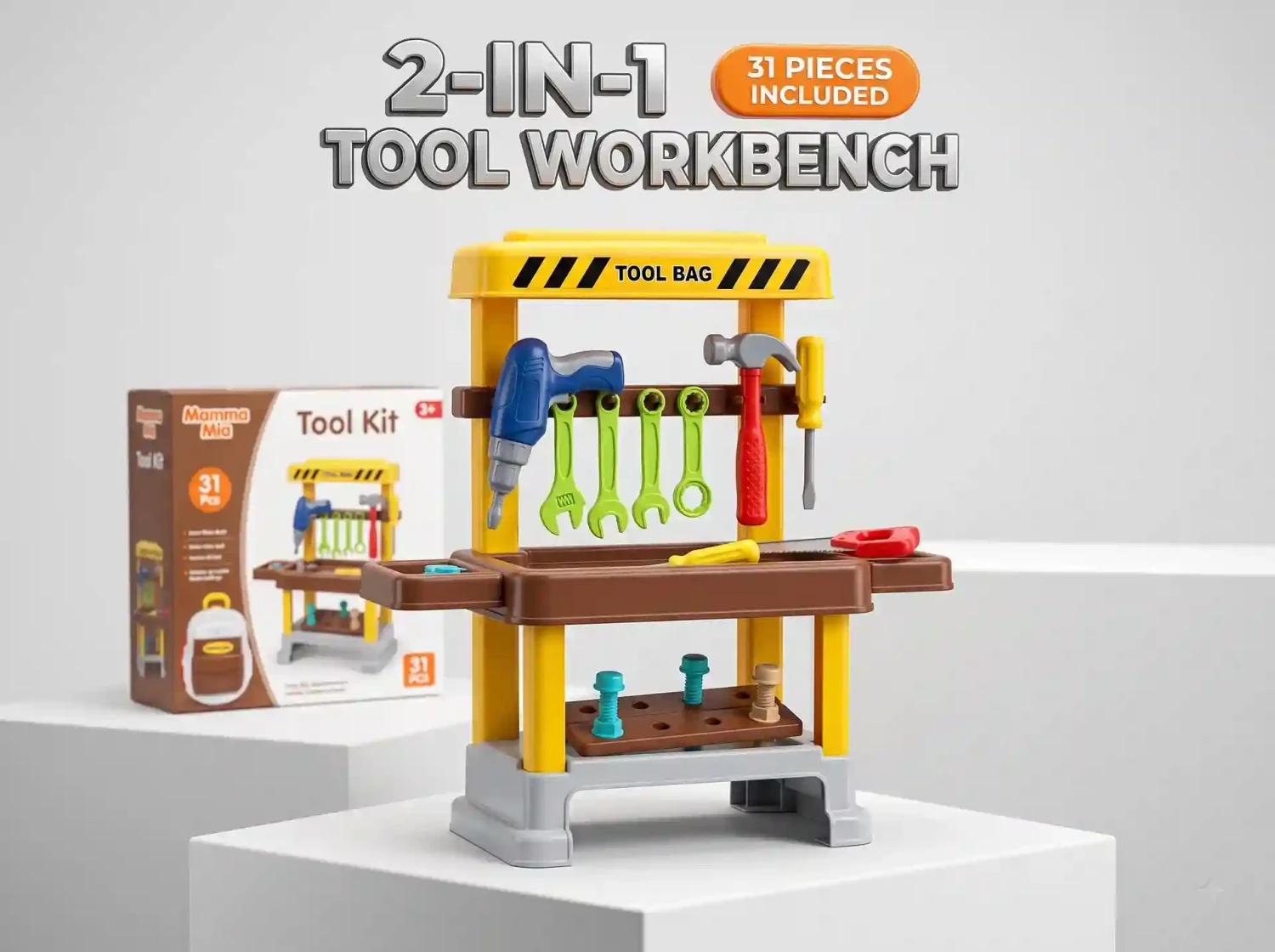 Mamma Mia 2-in-1 Kids Tool Set School Bag Backpack with 31 Pcs Pretend Play Construction Tools, Toy Drill, Saw, Hammer, Nuts & Bolts Workbench Playset for Boys & Girls 3+ Years