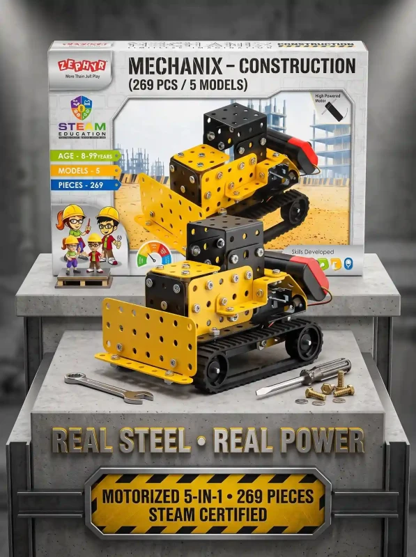 Zephyr Mechanix Construction Metal Building Set (269 Pcs) – Motorized 5-in-1 DIY Engineering Kit with High-Powered Electric Motor & Real Tools for Kids 8+ Years (ISI Certified)