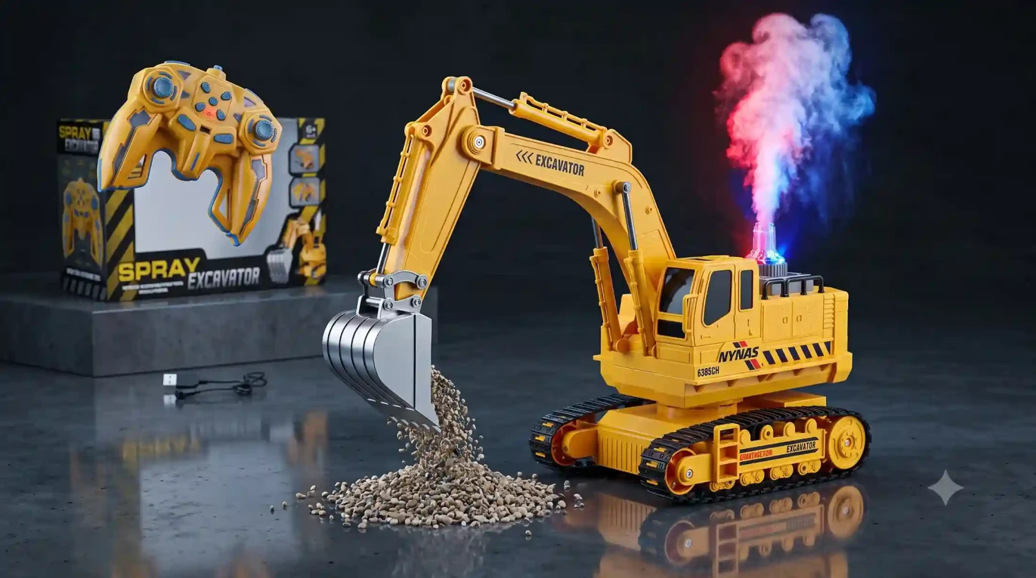 1:12 Scale Big Size 11-Channel RC Excavator with Sound & Colored Smoke Effect - Full 680° Rotation Construction Tractor with Silver Metal Bucket - Big 2.4GHz Digger Toy for Kids