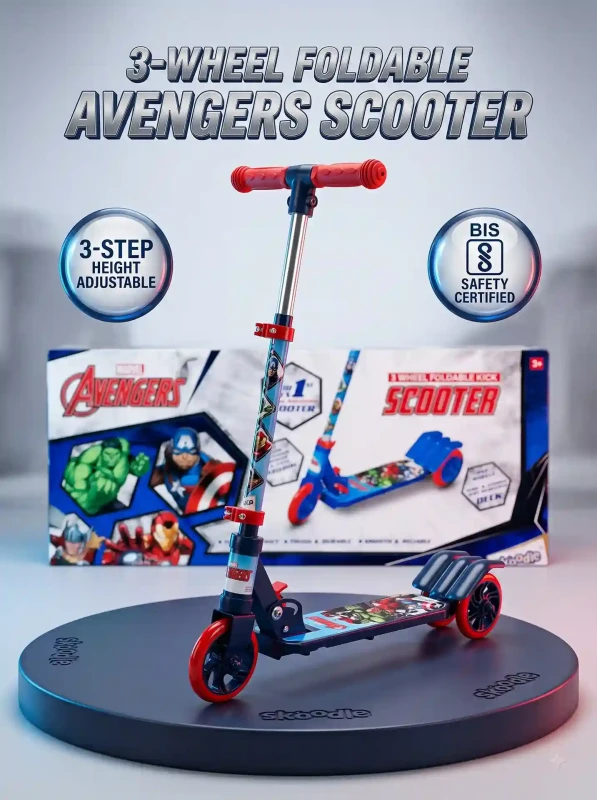 Marvel Avengers 3-Wheel Foldable Kick Scooter for Kids Boys (Ages 3+) 3-Step Height Adjustable T-Bar, 125mm Smooth Wheels, Slip-Resistant Deck, BIS Certified Toddler Ride-On Toy