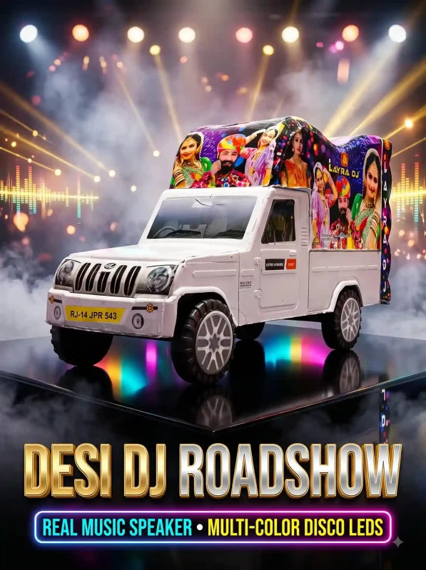Indian DJ Pickup Toy Truck with Built-in Bluetooth Speaker & Flashing Disco LED Lights – Bolero Style Sound Vehicle with USB/TF Card Slot for Kids (White & Multicolor)