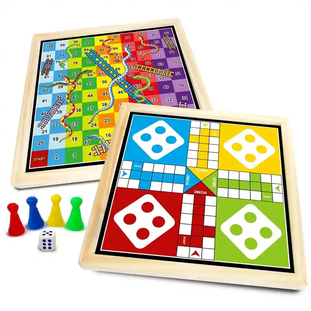 Magnetic Snakes & Ladders + Ludo Wooden Board Game Set – Double Game Magnetic Board for Kids & Family