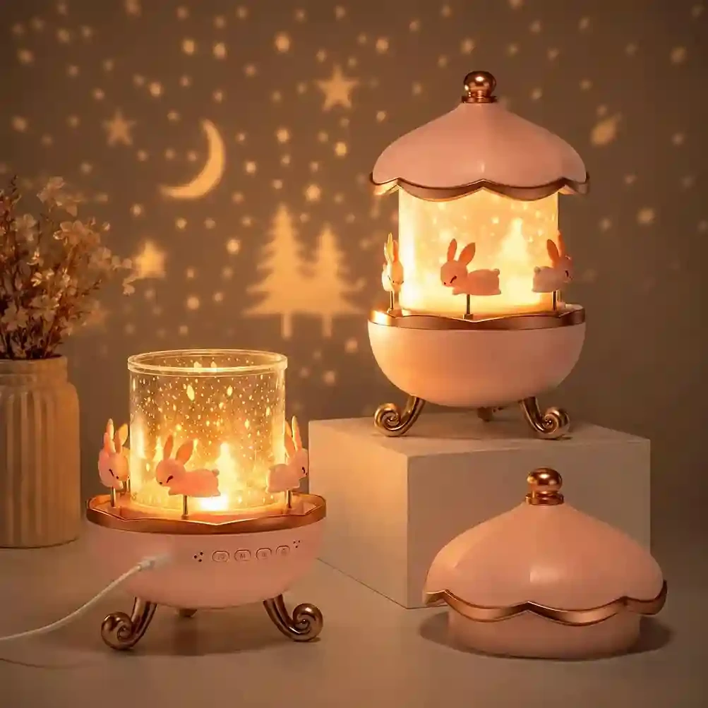Bunny Carousel Night Light Projector Lamp with 360° Rotation, 6 Theme Films, 3 Color Modes & Auto-Off Timer, USB-C Powered Bedside Table Lamp for Kids Nursery & Girls Bedroom