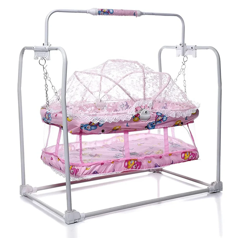 Bhasin Mobile Swing Baby Cradle – Foldable Metal Hanging Cradle with Mattress & Mosquito Net