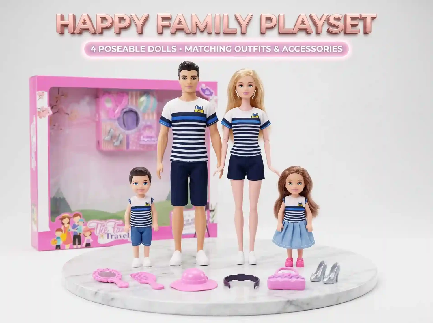 The Family Travel Deluxe 4-Doll Family Playset with Movable Joints & Dressing Vanity Accessories: Mom, Dad Ken Doll, Son & Daughter Dolls with Matching Outfits for Kids Ages 3+