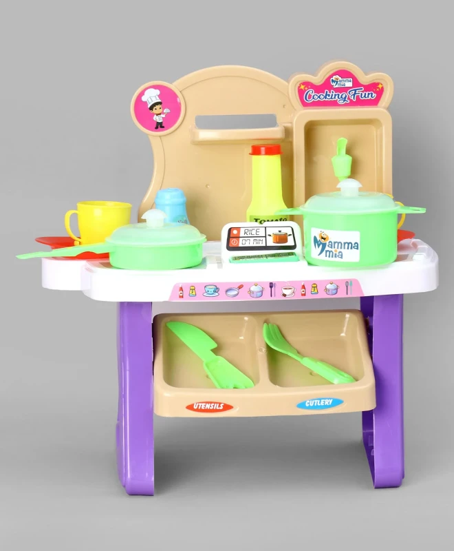 Mamma Mia Cooking Fun Kitchen Set | Girls Big Cooking Set Light and Music | Portable Trolley Pretend Play Toy | Battery Operated