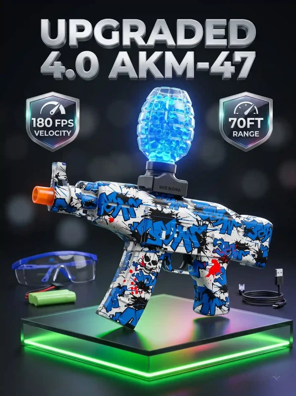 Upgraded 4.0 AKM-47 Electric Gel Blaster Gun – 180 FPS Automatic Water Ball Toy with 70FT Range, Rechargeable Battery, Grenade Hopper & 1000 Gel Balls for Outdoor Backyard Games (Ages 6+)
