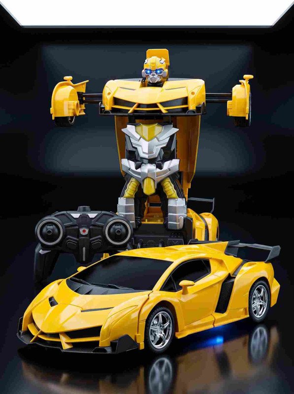 2-in-1 RC Transforming Robot Car with One-Button Deformation – 360° Stunt Rotation, LED Lights, Sound & Rechargeable Battery Toy for Kids (Bumblebee Yellow)