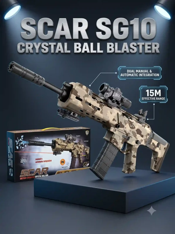 SCAR SG10 Battery Operated Crystal Ball Blaster Gun with Dual Manual & Automatic Modes | 15M Range Electric Gel Water Bead Blaster with Silencer Muffler, Scope & Rechargeable Lithium Battery