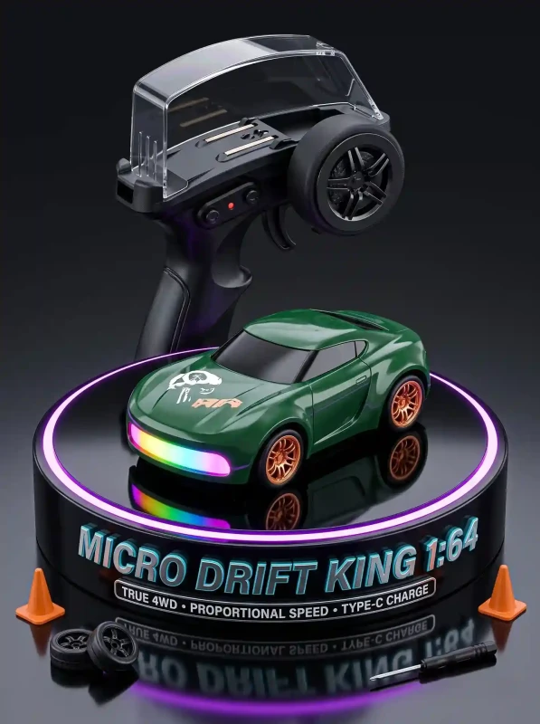 1:64 Scale Mini RC Drift Car with 2.4GHz FHSS Proportional Control – 4WD Desktop Remote Control Racing Car, 15 km/h, LED Lights & Type-C Charging for Kids & Adults