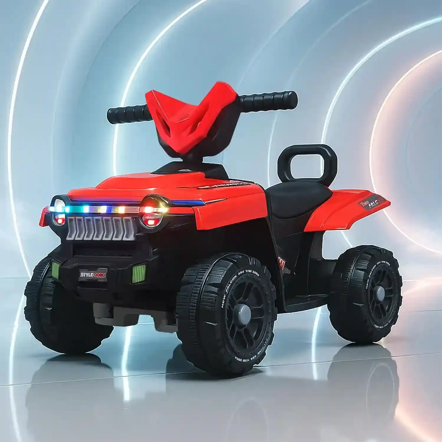 RWD Falcon ATV Electric Ride-On Car for Kids | 4-Wheel, 6V Rechargeable Battery, RGB LED Lights, USB Music, Forward/Reverse Motion | Ages 2-5Y (Red)