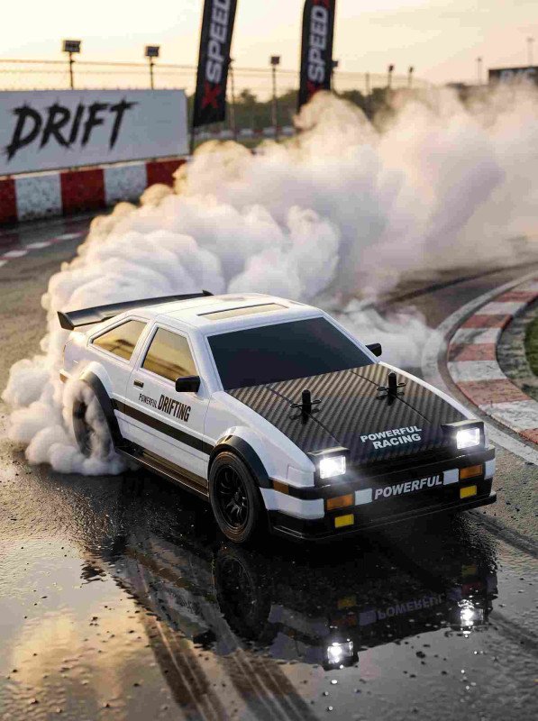 4WD RC Drift Car with Interchangeable Drift & Racing Tires – 2.4GHz High-Speed Remote Control Car with LED Lights, 2 Rechargeable Batteries & Drift Cones