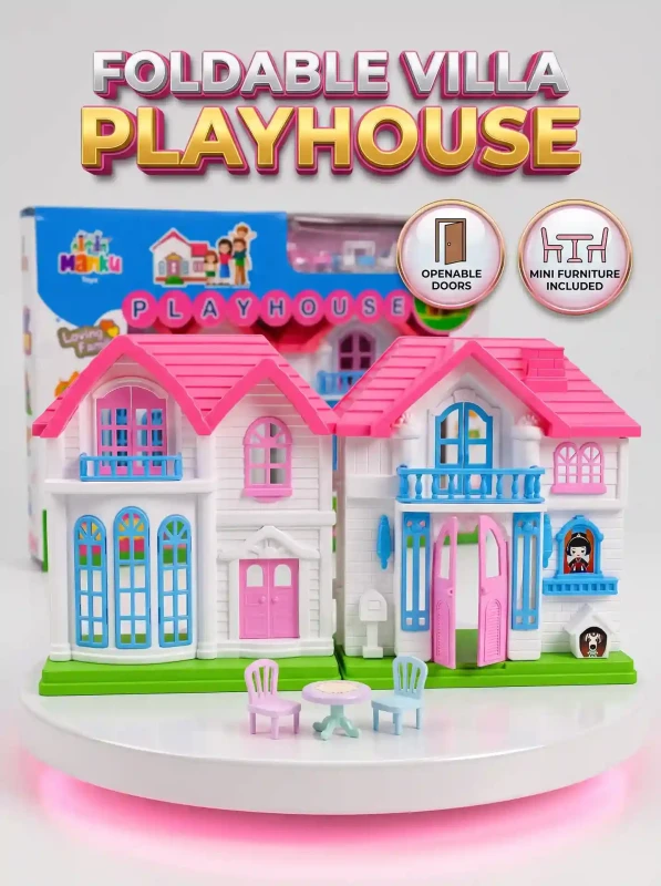 Manku Toys Foldable Loving Family Playhouse Dollhouse Set with Openable Doors & Mini Furniture Accessories, 2-in-1 Folding Villa Doll House Pretend Play Toy for Girls Toddlers Ages 3+