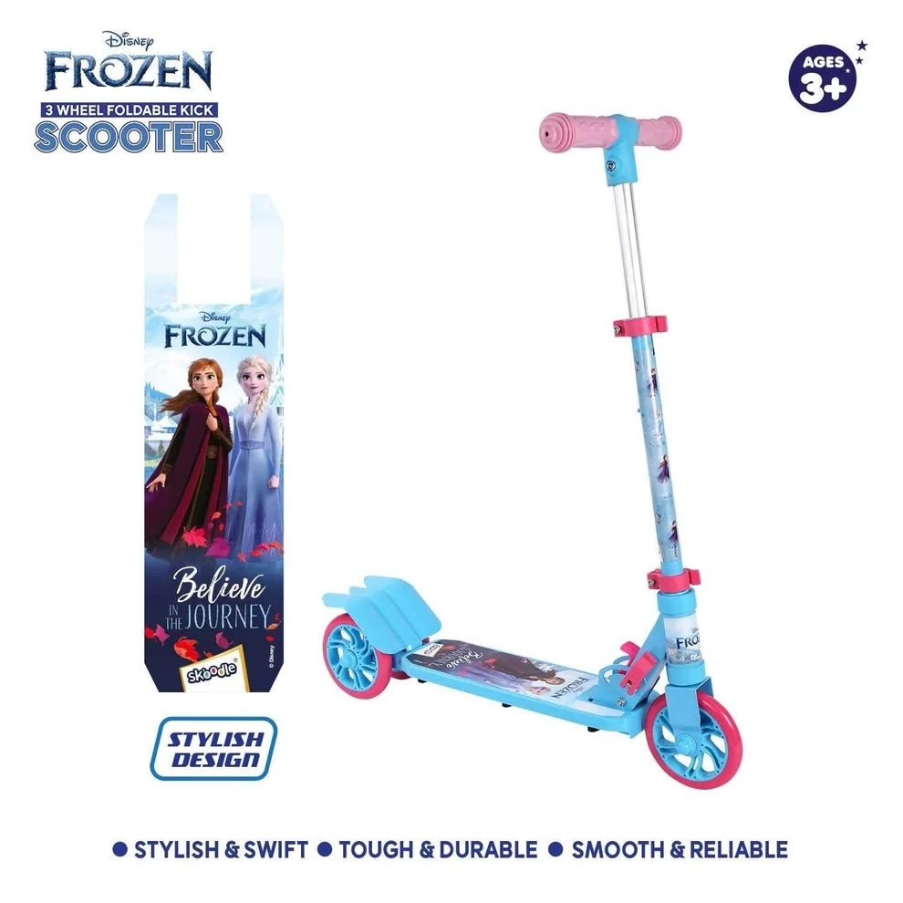 Skoodle Disney Frozen 3-Wheel Foldable Kick Scooter for Kids Girls (Ages 3+) 3-Step Height Adjustable T-Bar, 125mm Wheels, 50kg Capacity, Slip-Resistant Deck, BIS Certified Toddler Ride-On