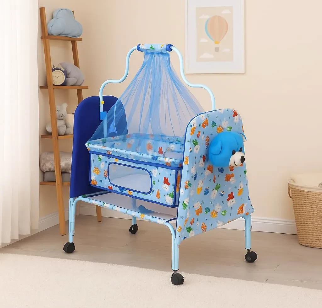 Trending Teddy Baby Cradle with Swing, Storage Basket, Mosquito Net, Four Wheels & Brake and Foldable | Comfortable Multi-Use Baby Cradle for Newborns