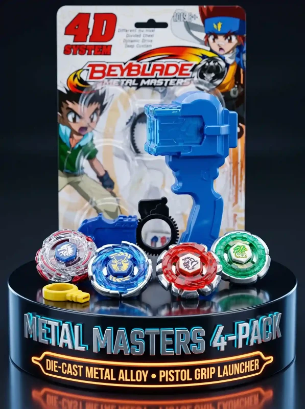 4D Metal Masters Fury Beyblade Battle Set (4-Pack) – Heavy Die-Cast Metal Fusion Spinning Tops with Tactical Pistol Grip Launcher & Ripcord for Kids 6+ Years (L-Drago, Pegasus, Bull, Leone)