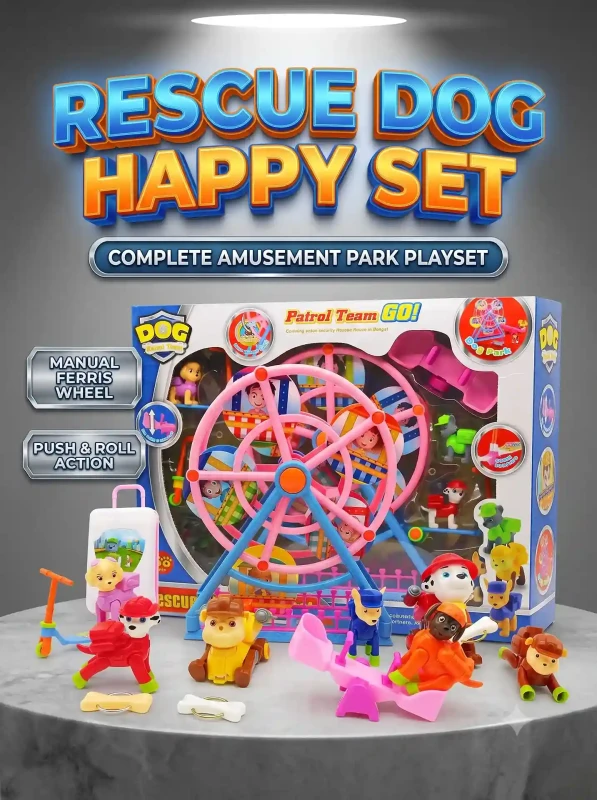 P@W Patrol Team GO! Rescue Dog Happy Set Amusement Park Playset with Manual Ferris Wheel and 8 Action Figures - Mechanical Dog Park Toy for Boys & Girls Ages 3+ (Screen-Free, 100% Kid-Powered)