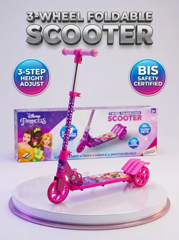 Disney Princess 3-Wheel Foldable Kick Scooter for Kids Girls (Ages 3+) Adjustable 3-Step Height T-Bar, 125mm Smooth Wheels, Slip-Resistant Deck, BIS Safety Certified Outdoor Toy