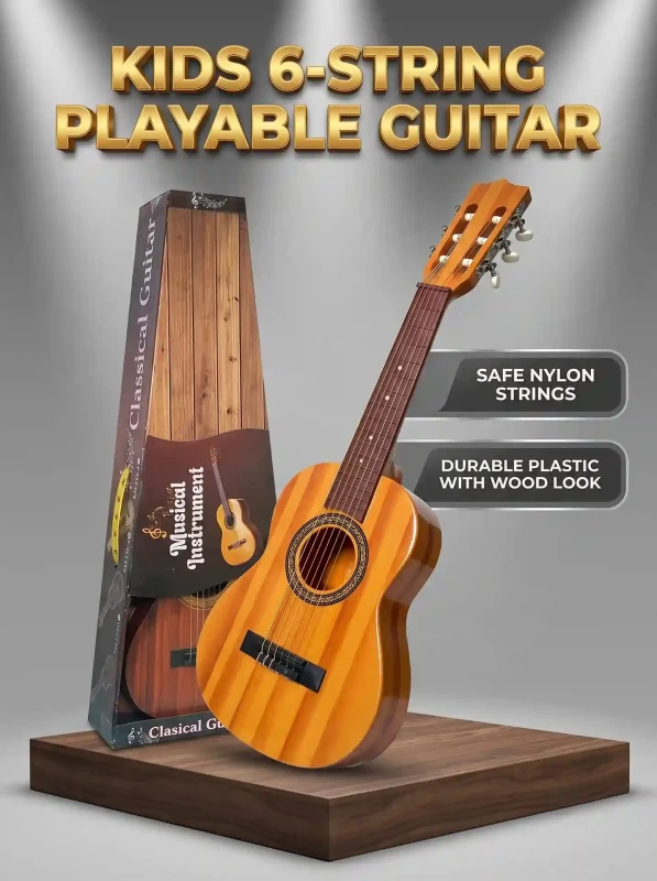 Kids 6-String Classical Acoustic Guitar Toy with Natural Wood Finish | Playable Beginner Musical Learning Instrument for Toddlers Boys Girls Ages 3+ | Safe ABS Plastic & Soft Nylon Strings
