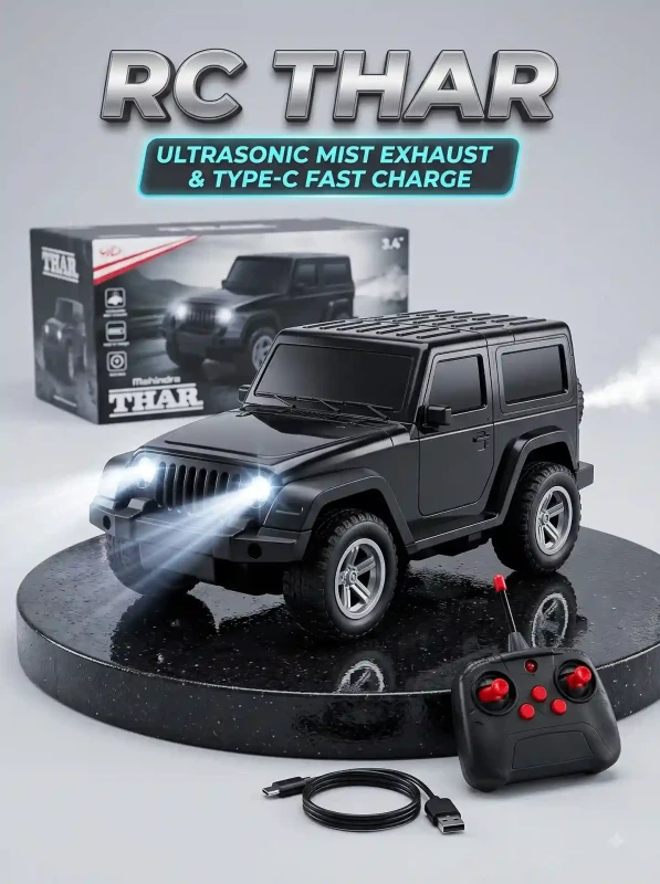 Gaddi 2.0 RC Thar SUV Toy Car with Real Exhaust Mist Spray, 2.4GHz Remote Control, Front LED Headlights, Music & Auto Demo, USB Type-C Fast Rechargeable for Kids Ages 4+