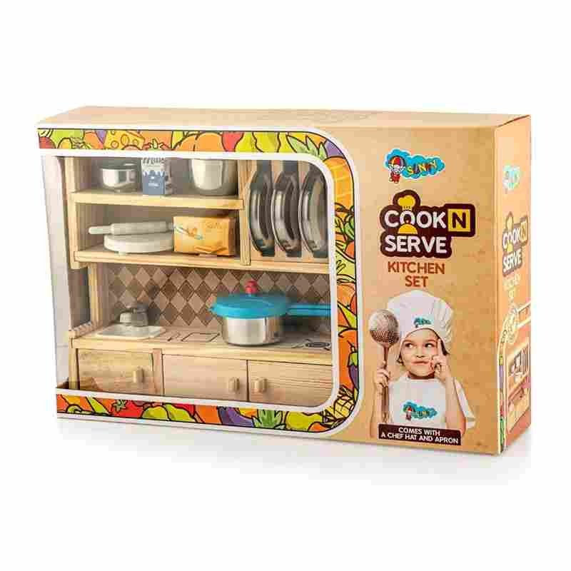Cook N Serve Wooden Kitchen Playset with Real Stainless Steel Utensils, Chef Apron & Cap (12 Pcs) – Pretend Play Mini Cooking Toy for Kids Ages 3+ (Made in India)