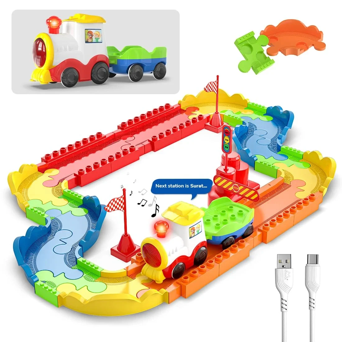Mirana Block Rider Interlocking Train Set – 47‑Piece USB‑Rechargeable Sound & Light Kit (Ages 2–8)