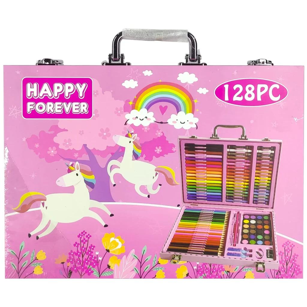 128‑Piece Wooden Coloring Art Kit – Complete Crayons, Markers, Pastels & Supplies in Portable Case (Ages 4+)