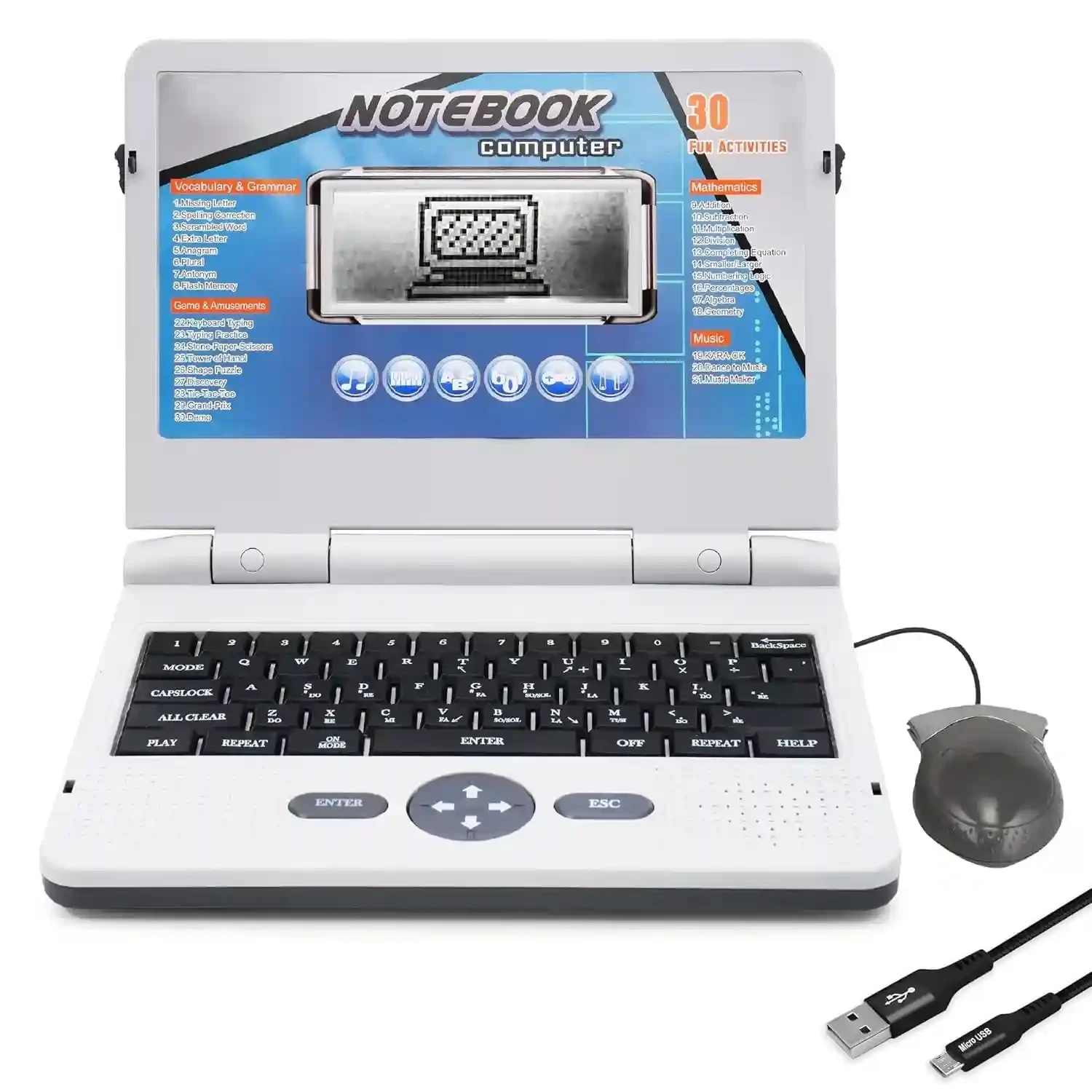 Educational Activity Notebook Toy / Laptop for Kids — 30 Fun Learning Games & Dual Power Mode