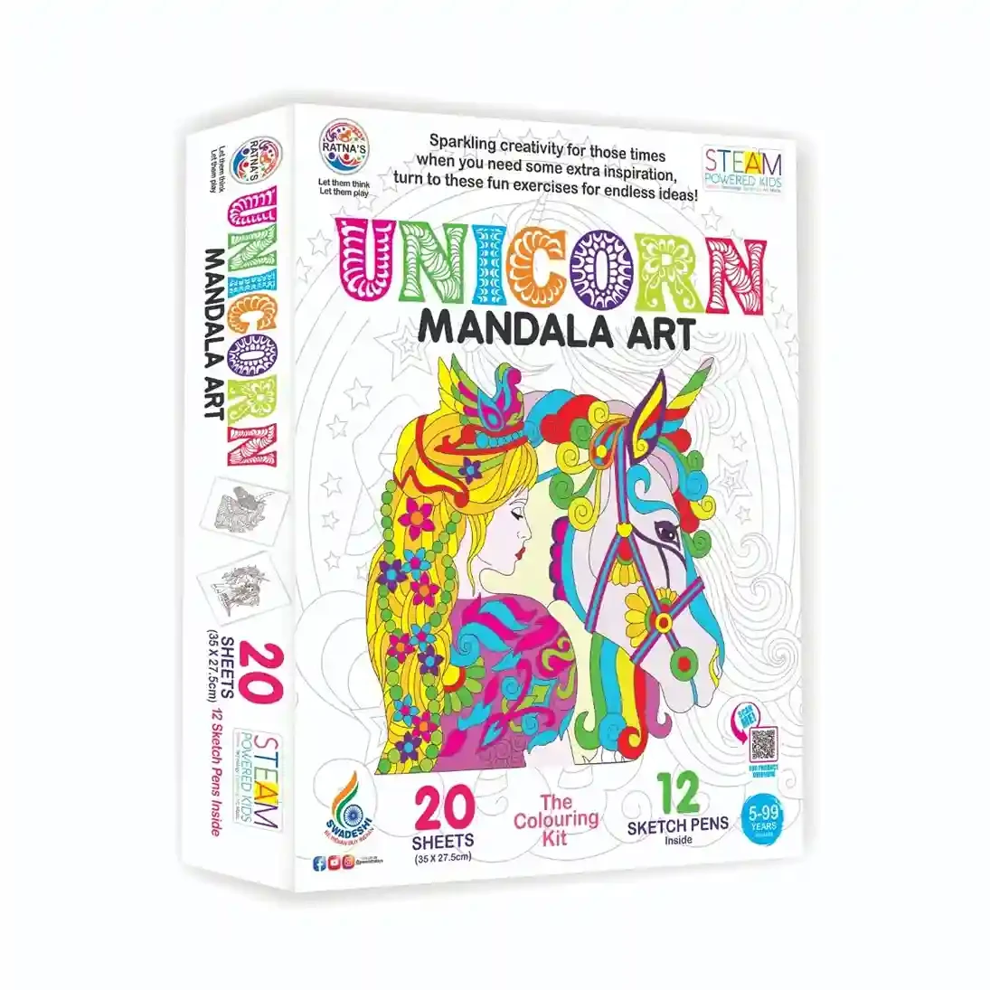 Premium Mandala Unicorn Colouring Kit – 20 Sheets + 12 Sketch Pens | Creative Art Kit for Kids 5+