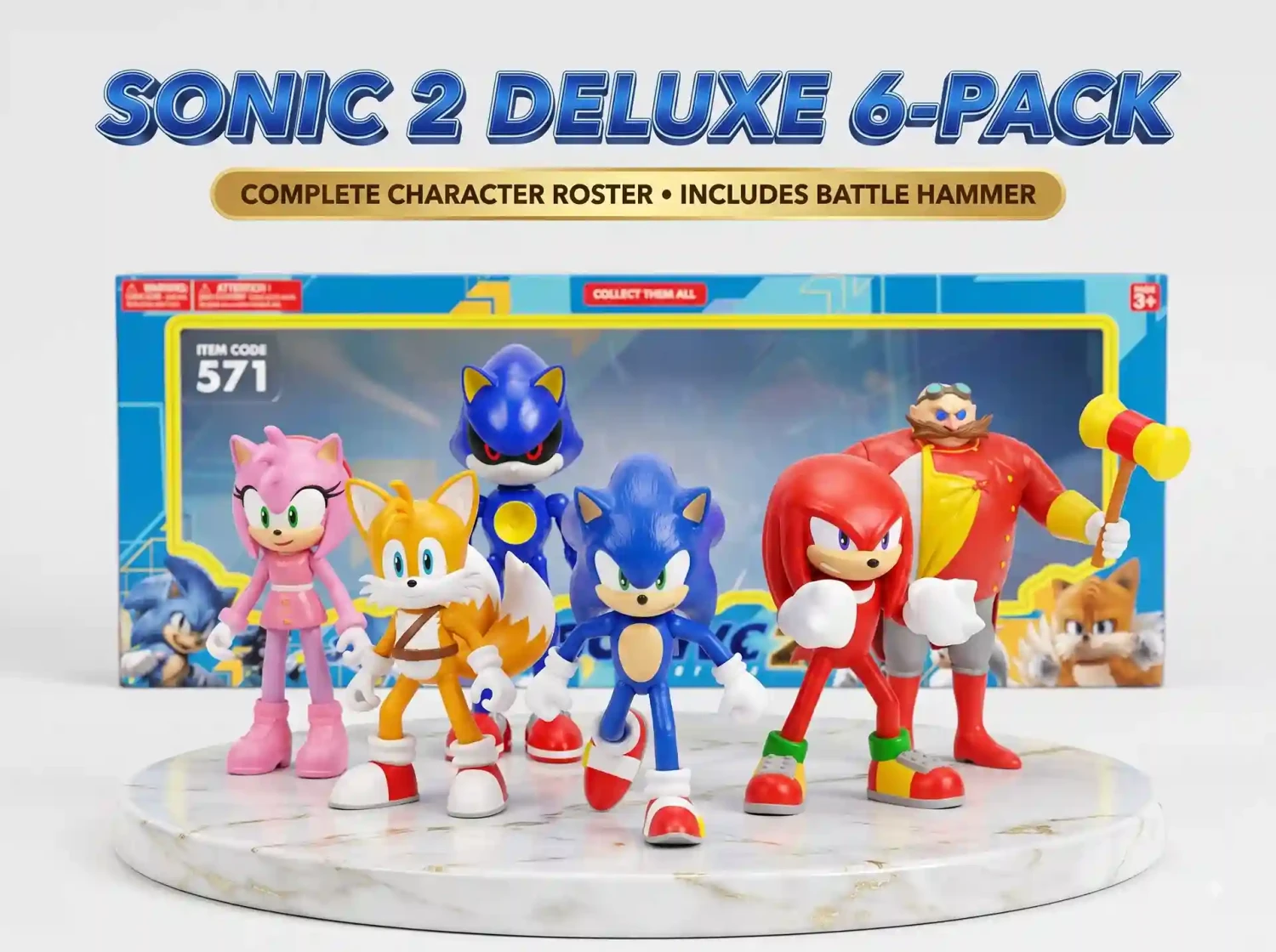 Sonic the Hedgehog 2 Deluxe 6-Piece Action Figure Set with Doctor Eggman Hammer Accessory: Sonic, Tails, Knuckles, Amy Rose, Metal Sonic & Dr Robotnik Figures for Kids