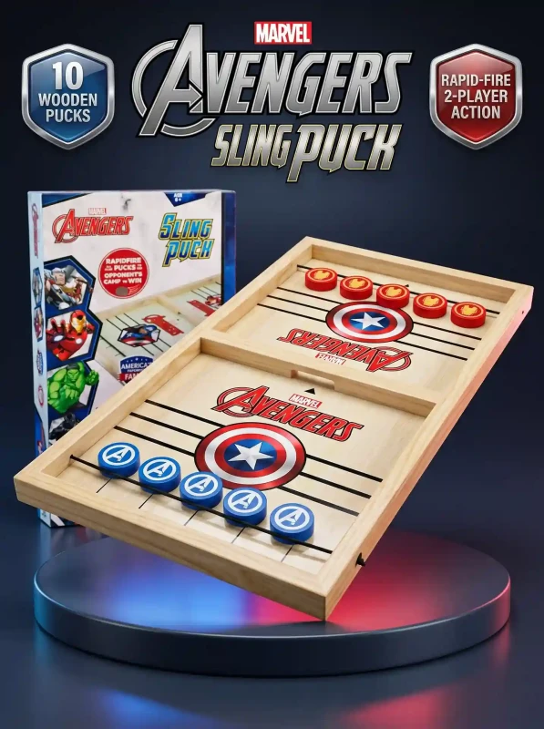 Skoodle Marvel Avengers Sling Puck Board Game for Kids & Family – Fast-Paced Wooden Tabletop Hockey Game with 10 Character Pucks (Captain America vs Iron Man), Dexterity Toy (Ages 3+)