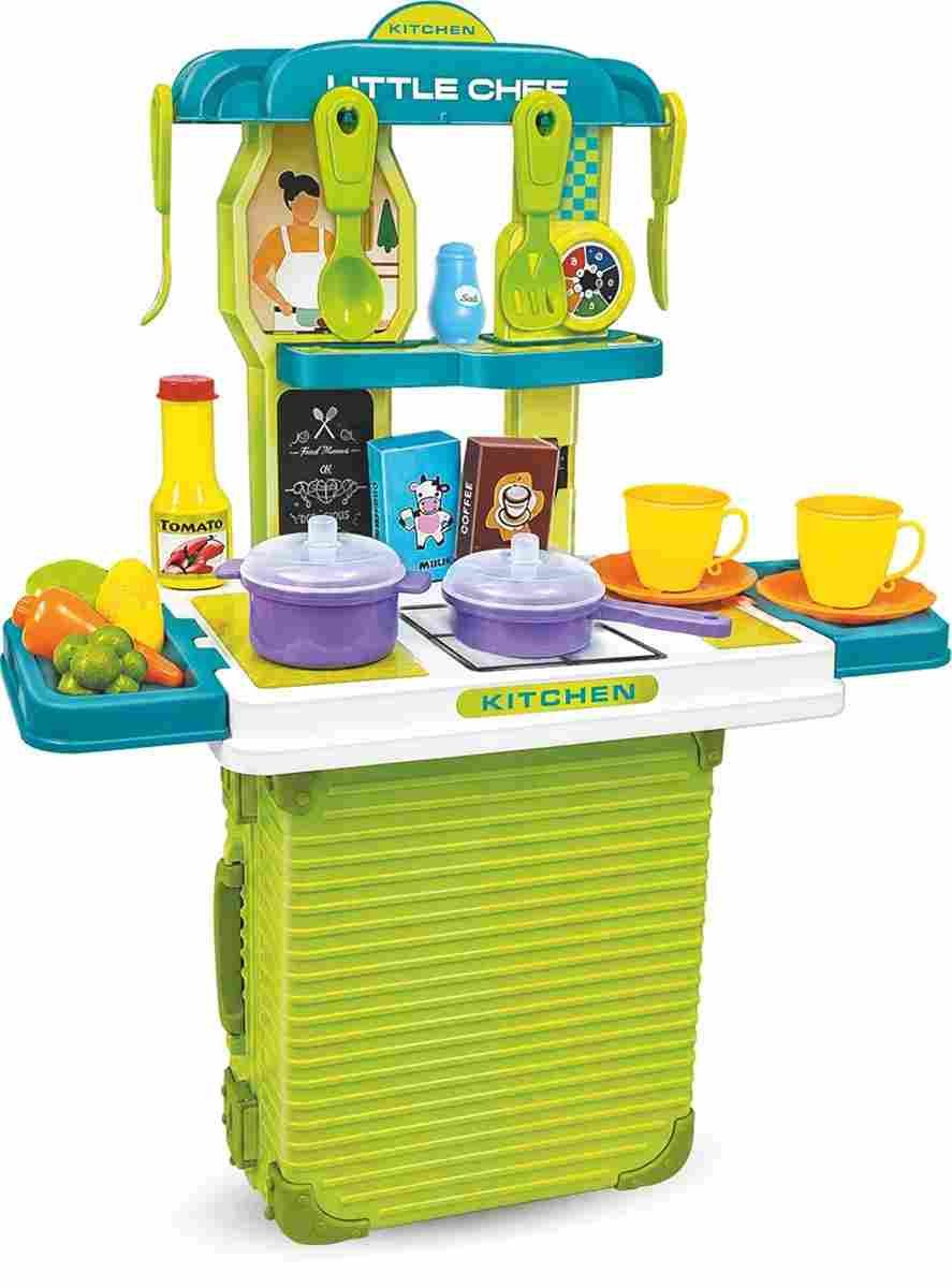 Mamma Mia Little Chef 2-in-1 Suitcase Kitchen Set (34 Pcs) – Portable Rolling Trolley Toy with Light & Sound Stove, Cookware, Food Accessories for Kids 3+ Years (Green)