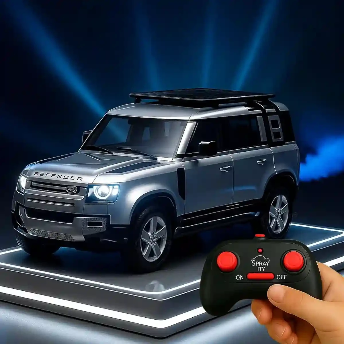 Defender 1:22 Scale Die-Cast Metal Smoke RC Car | Land Rover-Style Model with LED Lights, Openable Doors & Remote Control