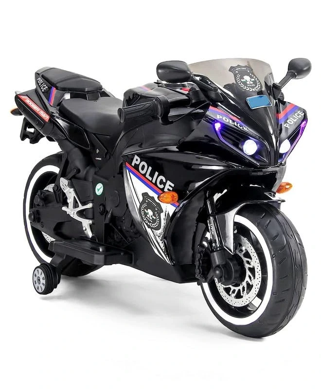 Police 12V Battery Operated Ride-On Bike for Kids | Dual 6V 4Ah Rechargeable Battery & Motors, USB Music, LED Lights, Hand Accelerator & Foot Brake | Ages 2.5-8 Years (Black)
