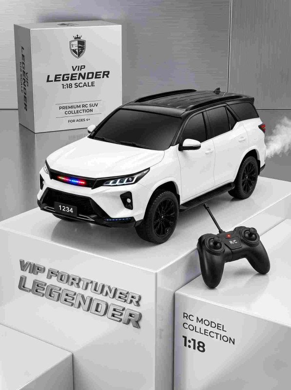 VIP Fortuner Legender RC Toy Car (1:18 Scale) – Remote Control SUV with Real Exhaust Smoke Mist Spray, Red & Blue Police Lights, Siren & Type-C USB Rechargeable Battery