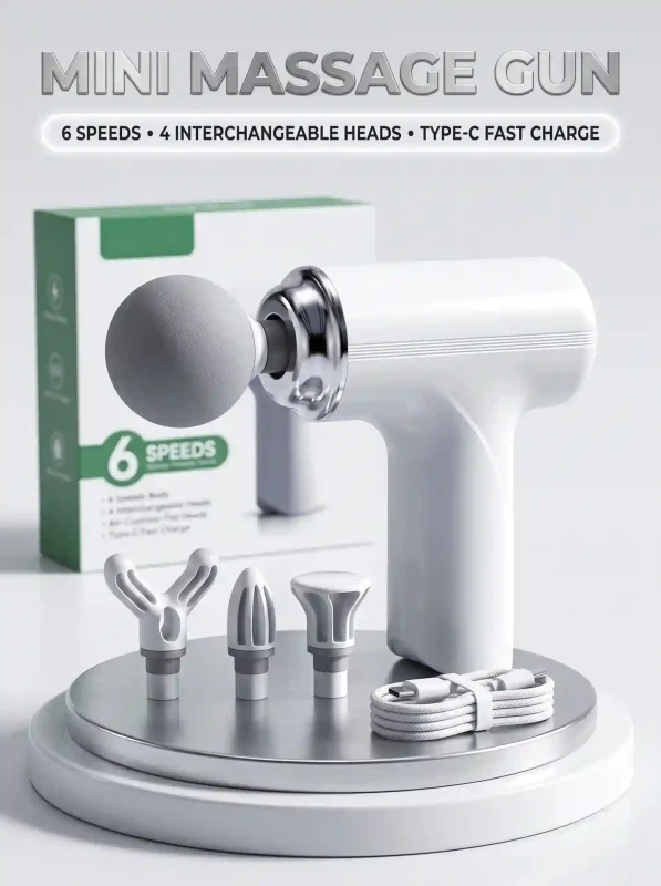 Mini Deep Tissue Percussion Massage Gun with 4 Interchangeable Heads, 6 Speed Levels up to 3200 RPM, USB Type-C Rechargeable Ultra-Quiet Body Massager for Neck, Back & Leg Pain Relief