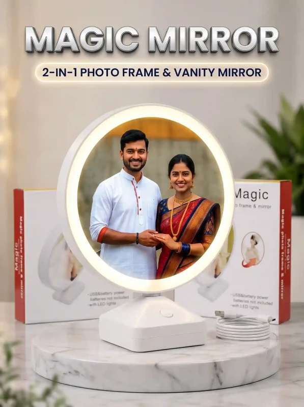 Personalized Magic Mirror LED Photo Frame Round (Large 25x20cm) – 2-in-1 Glowing Vanity Mirror & Customized Picture Frame, Dual USB/Battery Powered Gift for Anniversary, Birthday, Couples