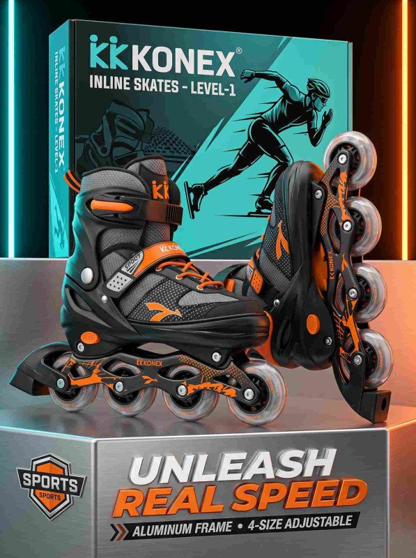 Original KONEX CLS-993 Professional Inline Skates (Size 3 UK - 6 UK) – Adjustable Aluminum Frame Roller Skating Shoes with PU Wheels, Triple Safety Lock & Heel Brake for Kids