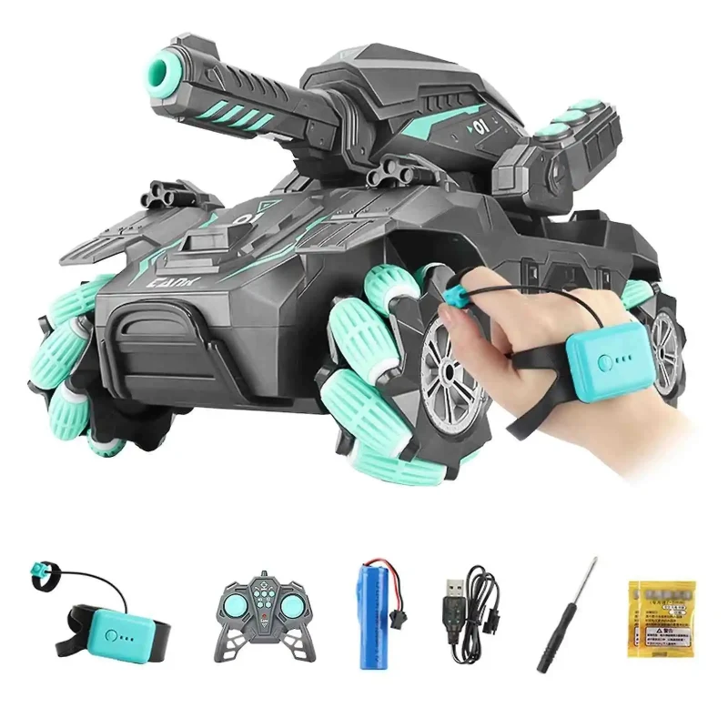 Watch Control 4WD RC Shooting Tank Car with Stunt and Light Effects