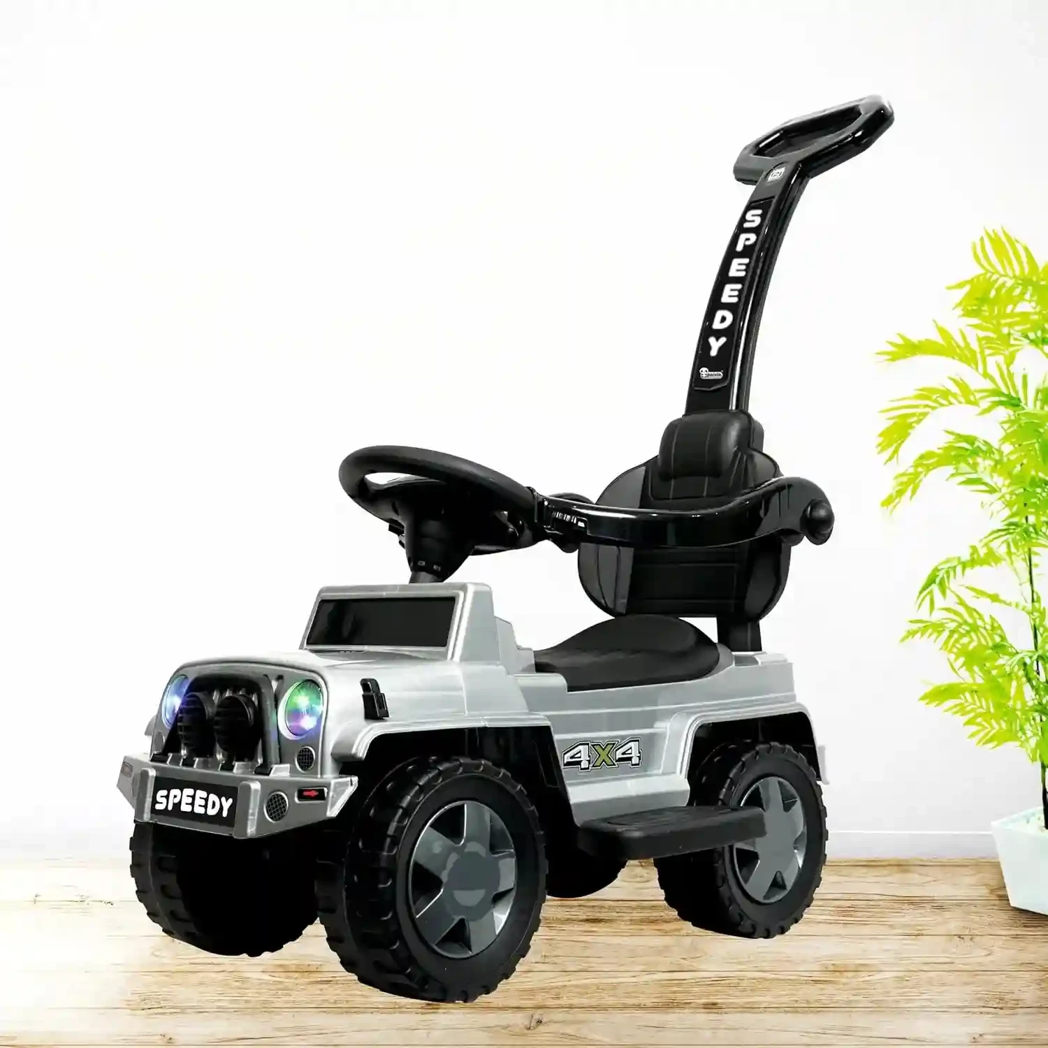 Speedy+ Ride-On Jeep for Kids with Music, Horn, Parental Handle & Storage – Silver | Ages 1-3 Years, Up to 25kg