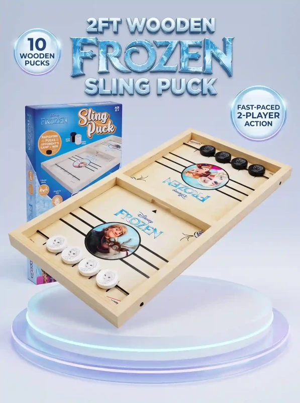 Skoodle Disney Frozen Wooden Sling Puck Board Game (2ft x 1ft) Fast-Paced Tabletop Hockey Game with 10 Elsa & Anna Pucks, Rapid Bungee Slinger Toy for Kids Boys Girls & Adults (Ages 4+)