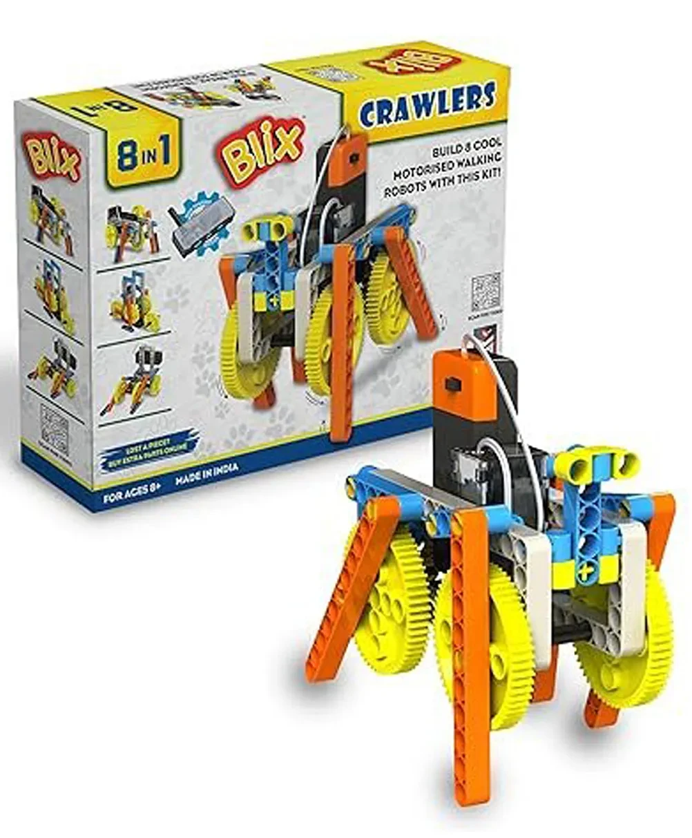 Blix Crawlers 8-in-1 Motorised Robotics STEM Toy Set for Kids Ages 8+ | DIY Mechanical Walking Crawlers Building Kit with Electric Motor, Gears & Battery Box (Made in India)