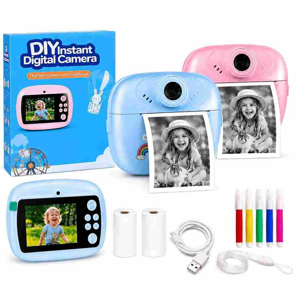Kids Instant Print Camera Combo Pack of 2 (Blue & Pink) – Zero Ink Thermal Black & White Print Digital Camera with 2.4" IPS Screen, Selfie Lens, 1080P Video, Markers & Paper Rolls